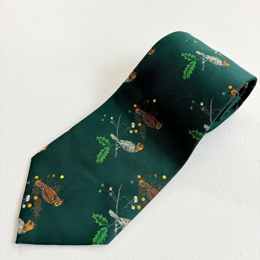 ANGELO CORRELLI Holiday Bird Holly Neck Tie VTG Italy Christmas Novelty Green